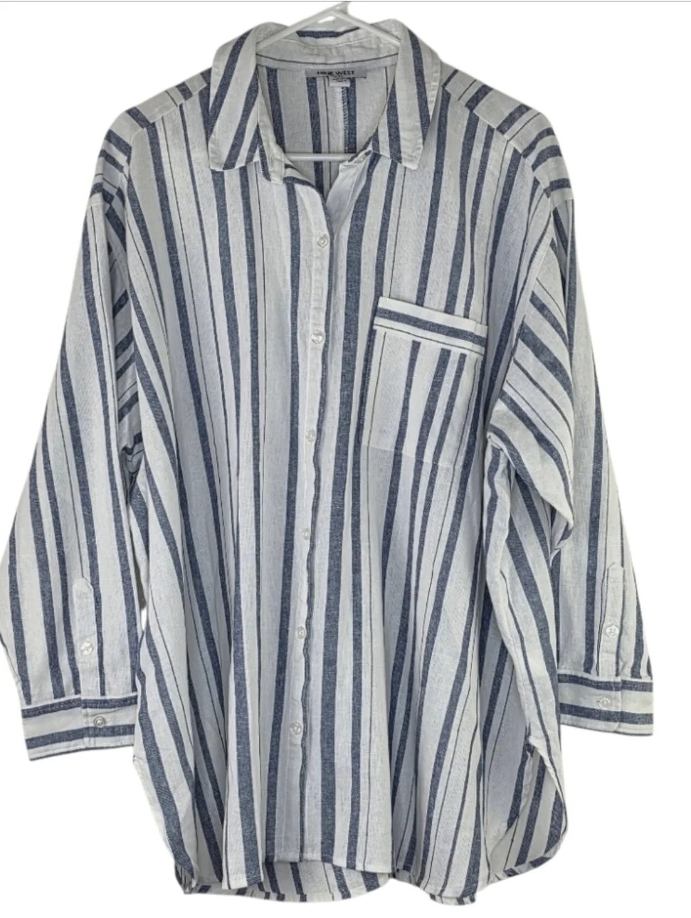 Nine West Jeans Linen Blend Blue & White Stripe Button Down Shirt Size 1X